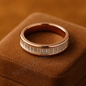 Channel Set Baguette Cut Half Eternity Moissanite Chic Wedding Anniversary Band, 10K/14K Solid Gold Bridal Stackable Baguette Band