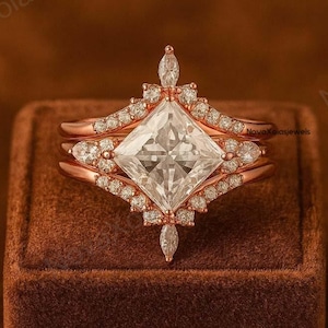 Vintage 3PCS Princess Cut Moissanite and Diamond Engagement Ring Set, 14K Rose Gold Moissanite Wedding Bridal Set, Moissanite Promise Ring