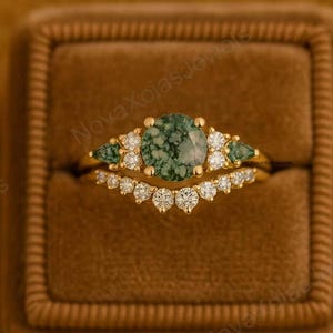 Round moss agate ring set vintage moss agate engagement ring set rose gold moissanite ring set three stone ring bridal ring set for women