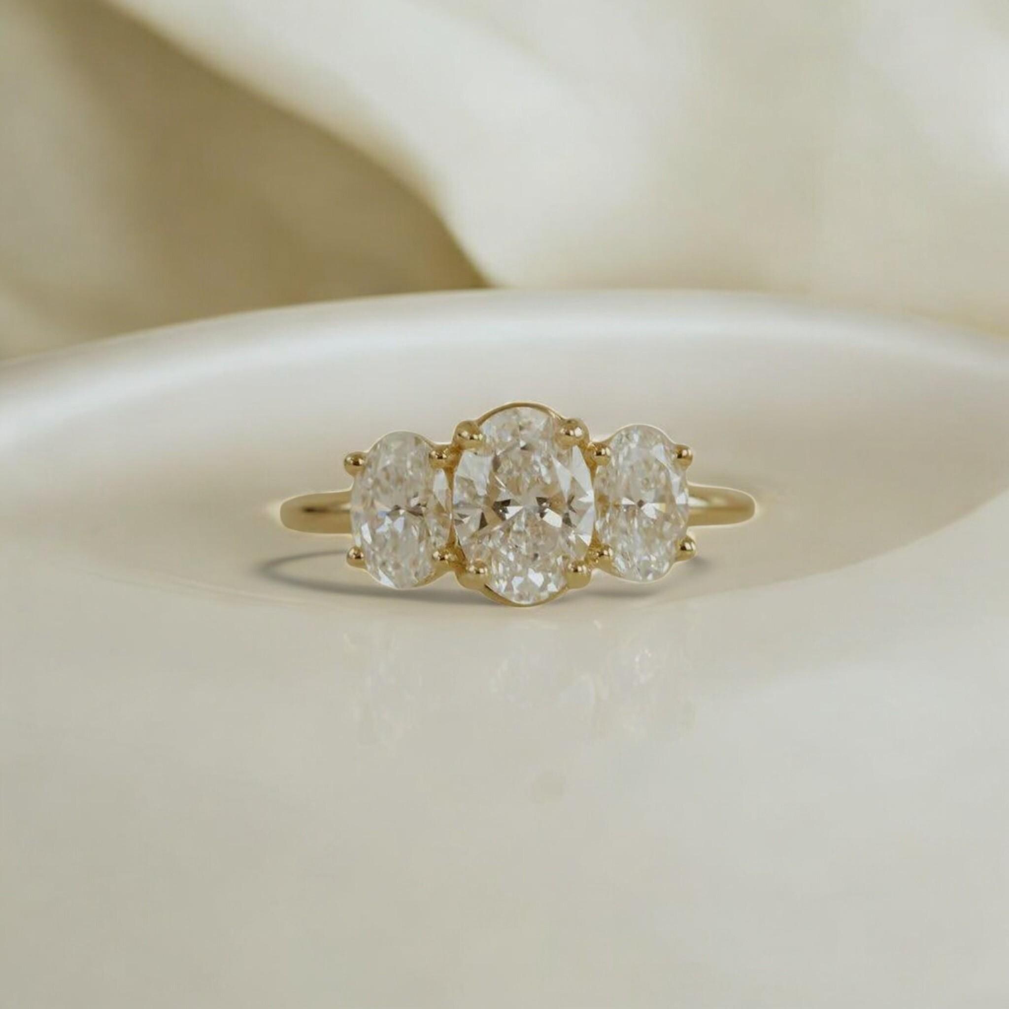 Three Stone Moissanite Engagement Ring, Vintage Solid Yellow Gold Unique Oval Wedding Ring, Simple Ring Bridal Anniversary Promise Ring