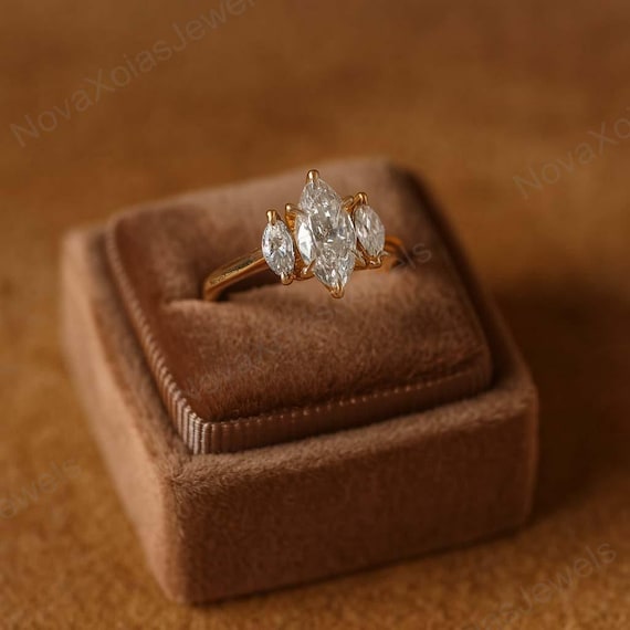 Marquise Cut Moissanite Engagement Ring, 14K Solid Gold Prong Ring, Three Stone Wedding Anniversary Ring, Promise Gift for her Delicate Gift