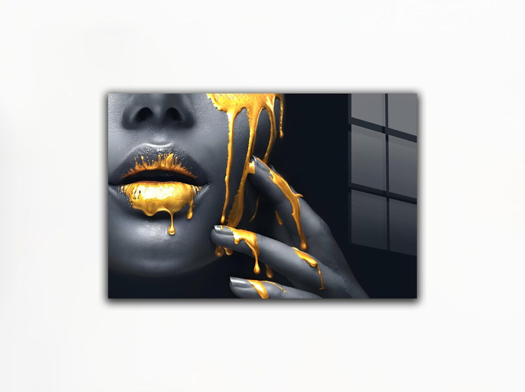 Gold Lip Wall Decor, Tempered Glass Womans Gold Lips Wall Art, Home