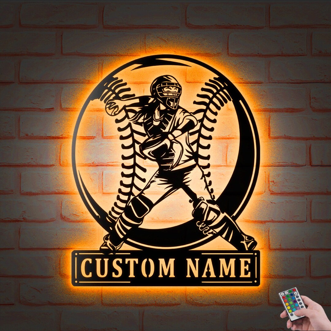 Personalized Softball Girl Mirror Sign With LED Lights – Custom Name & Number Baseball/Softball Catcher Night Lamp, Sports Room Decor, Gift For Her