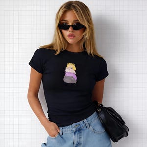 Nonbinary Frog Stack Baby Tee, Y2K Trendy Enby Pride Crop Top, LGBTQIA+ Support Shirt, Cute Aesthetic Non-Binary Streetwear Black Tee