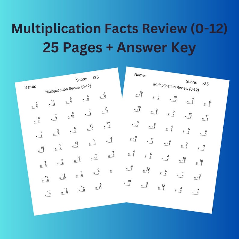 Multiplication Facts Printable Review Worksheets Etsy