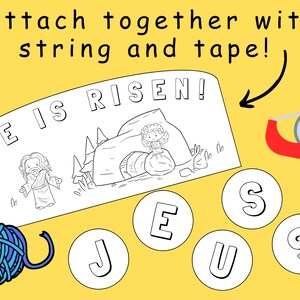 Puede incluir: Una actividad artesanal imprimible en blanco y negro para ni&ntilde;os que presenta una escena de Jes&uacute;s resucitando de la tumba. La manualidad incluye una pancarta que dice "&iexcl;Ha resucitado!" y letras individuales que deletrean "Jes&uacute;s".