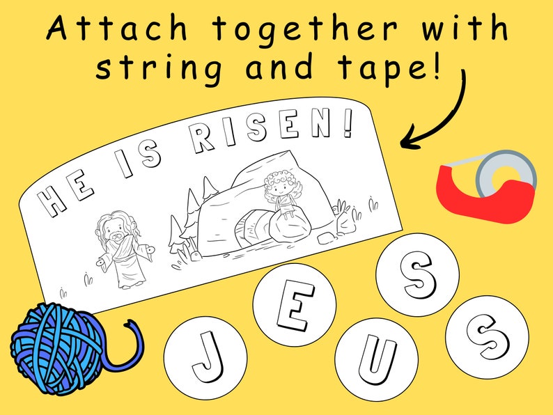 Puede incluir: Una actividad artesanal imprimible en blanco y negro para ni&ntilde;os que presenta una escena de Jes&uacute;s resucitando de la tumba. La manualidad incluye una pancarta que dice "&iexcl;Ha resucitado!" y letras individuales que deletrean "Jes&uacute;s".