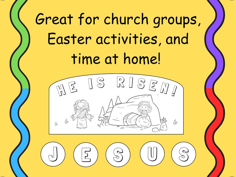 Puede incluir: P&aacute;gina para colorear imprimible en blanco y negro con una escena de Jes&uacute;s resucitando de la tumba. El texto "HE IS RISEN!" est&aacute; sobre la escena. Las letras "JESUS" est&aacute;n debajo de la escena en c&iacute;rculos individuales.