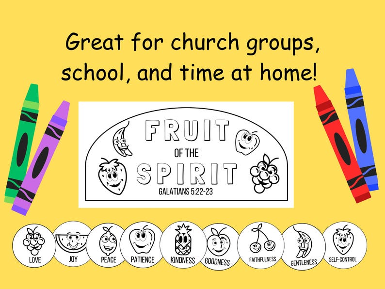以下が含まれることがあります： 「Fruit of the Spirit, Galatians 5:22-23」というテキストが書かれた、フルーツをテーマにした白黒の塗り絵。ページには、イチゴ、バナナ、スイカ、パイナップル、リンゴ、チェリー、ブドウなど、さまざまなフルーツが描かれています。