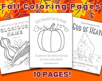 Puede incluir: Un conjunto de 10 páginas para colorear imprimibles con imágenes de otoño y versículos bíblicos inspiradores. Las páginas incluyen una calabaza, una ardilla, maíz y una calabaza. El texto en las páginas incluye versículos de 1 Crónicas 29:13, 1 Corintios 15:57 y Salmos 136:26.