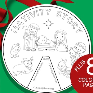 Może przedstawiać: Czarno-biała, drukowana koło z historią Bożego Narodzenia z liniami cięcia do projektu rękodzielniczego. Koło przedstawia gwiazdę, żłóbek z Dzieciątkiem Jezus, Maryję, Józefa, osła, krowę i owcę. Tekst "Nativity Story" jest napisany wokół koła. Dodatkowo 8 stron do kolorowania.
