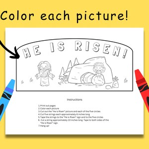 Puede incluir: P&aacute;gina para colorear en blanco y negro que representa una escena de Jes&uacute;s resucitando de la tumba. La p&aacute;gina incluye el texto "He is Risen!" e instrucciones para crear un proyecto artesanal.