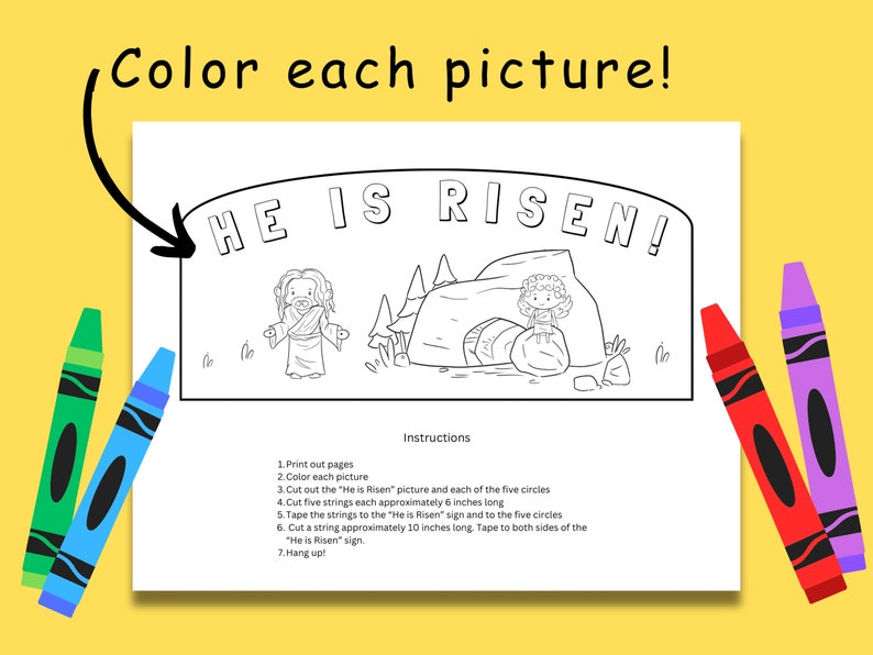 Puede incluir: P&aacute;gina para colorear en blanco y negro que representa una escena de Jes&uacute;s resucitando de la tumba. La p&aacute;gina incluye el texto "He is Risen!" e instrucciones para crear un proyecto artesanal.