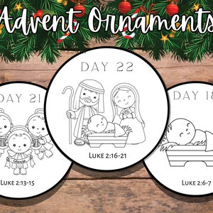 Créations manuelles d'ornements de calendrier de l'Avent, activité pour enfants à colorier de la nativité, écriture biblique chrétienne de Noël, école à la maison, école du dimanche