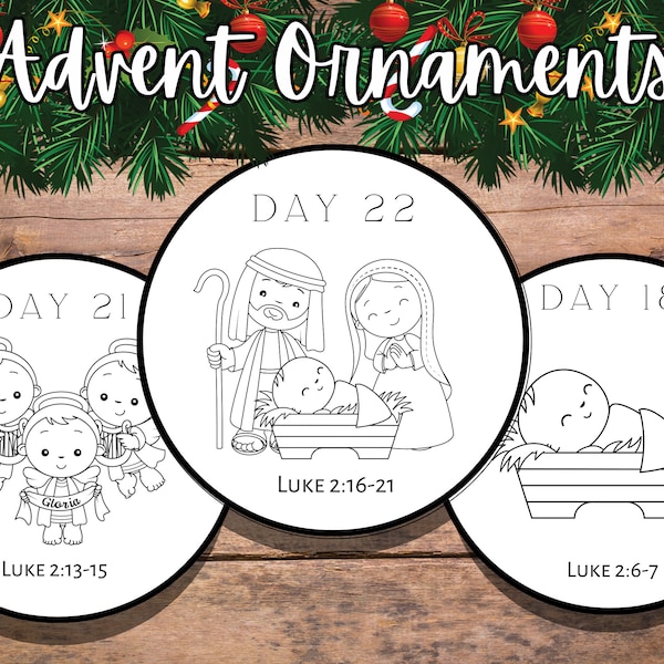 Advent Calendar Ornaments Craft, Nativity Coloring Page Kids Activity , Christian Christmas Bible Scripture, Homeschool Sunday School