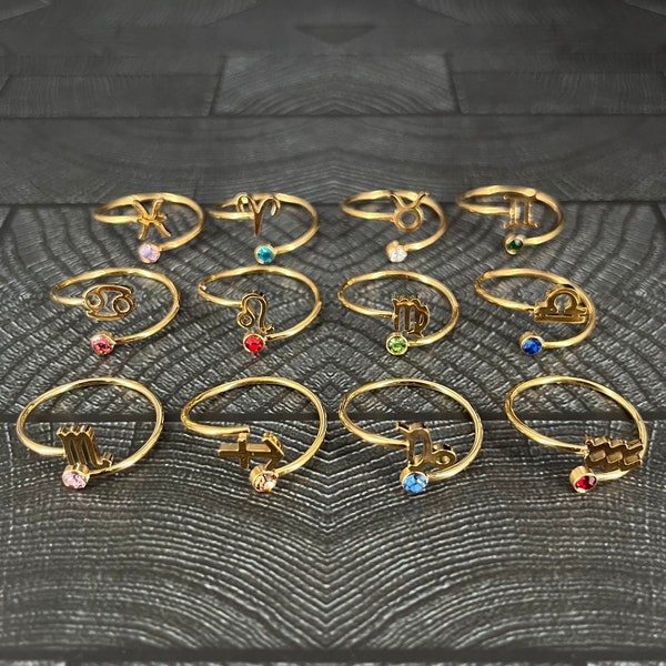 Zodiac ring 18K gold plated with birthstone | minimalist zodiac ring | Astrology | Horoscope birthday gift gift for her