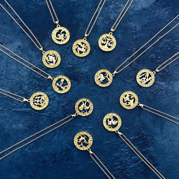 Collier de signe du zodiaque plaqué or 18 carats, collier du zodiaque, bijoux d’astrologie, collier d’horoscope