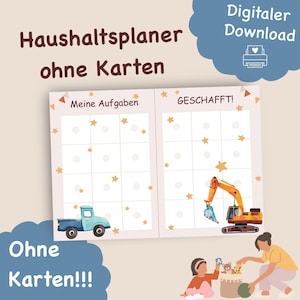 Könnte beinhalten: Ein digitaler Download-Planer mit dem Text "Haushaltsplaner ohne Karten" und "Digitaler Download". Der Planer enthält zwei Abschnitte mit Sternverzierungen und Illustrationen eines blauen Lastwagens und eines orangefarbenen Baggers. Der untere Teil des Bildes zeigt eine Mutter und ein Kind, die mit Spielzeug spielen.