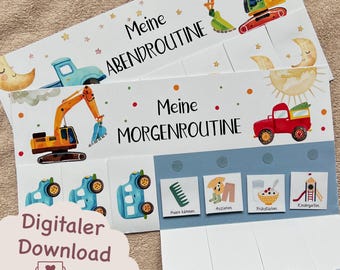 May include: A printable routine chart for kids featuring illustrations of construction vehicles and a blue and white bus. The chart is divided into two sections: "My Evening Routine" and "My Morning Routine". The morning routine section includes icons for brushing hair, getting dressed, eating breakfast, and going to kindergarten.