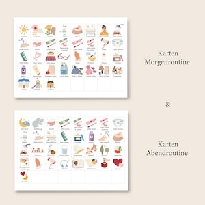 May include: Two sets of colorful illustrated cards for children's morning and evening routines. The cards feature various activities like brushing teeth, getting dressed, and reading a book. The text on the cards reads "Karten Morgenroutine" and "Karten Abendroutine".