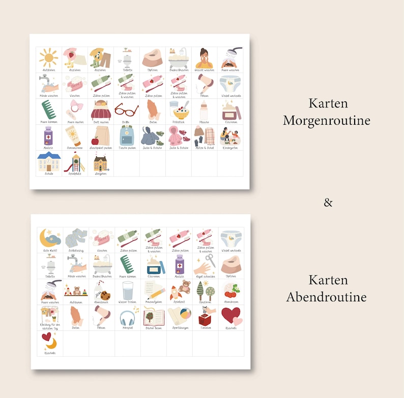 May include: Two sets of colorful illustrated cards for children's morning and evening routines. The cards feature various activities like brushing teeth, getting dressed, and reading a book. The text on the cards reads "Karten Morgenroutine" and "Karten Abendroutine".