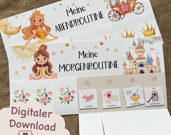 May include: A printable chart for kids with a princess theme. The chart is divided into two sections: "My Evening Routine" and "My Morning Routine". Each section has blank spaces for writing in activities. The chart also includes illustrations of a princess, a castle, a carriage, and a moon.