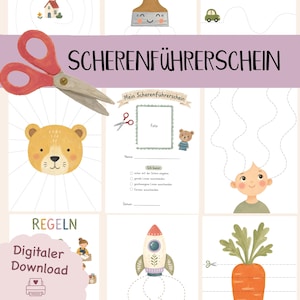 Könnte beinhalten: Digitaler Download eines Kinder-Aktivitätsblattes mit dem deutschen Text "SCHERENFÜHRERSCHEIN". Das Blatt zeigt Illustrationen eines Bären, einer Rakete, einer Karotte und eines Kindes mit welligem Haar.