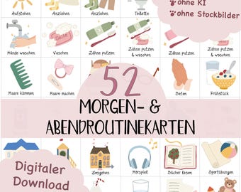 Può includere: Un download digitale di 52 schede di routine mattutine e serali. Le schede presentano illustrazioni di attività quotidiane come lavarsi i denti, fare colazione e vestirsi. Il testo sulle schede è in tedesco.