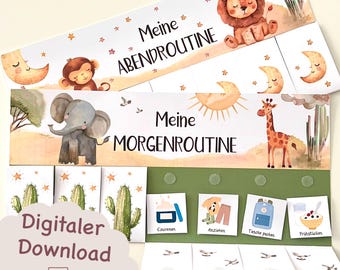 Morning & Evening Routine for Children Safari, Routine Plan for Children, Morning Routine for Children, Printable, Routine Plan with Wild Animals, Green