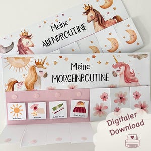 Könnte beinhalten: Eine rosa-weiße druckbare Tabelle mit einer Einhorn-Illustration und dem Text "Meine Morgenroutine". Die Tabelle hat vier Abschnitte mit Symbolen für Aufstehen, Anziehen, Zähne putzen und Bett machen.