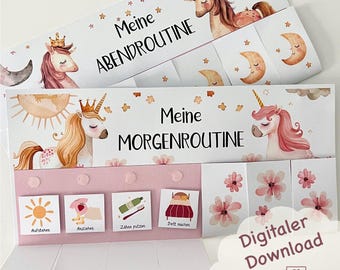May include: A pink and white printable chart with a unicorn illustration and the text "Meine Morgenroutine" (My Morning Routine). The chart has four sections with icons for waking up, getting dressed, brushing teeth, and making the bed.