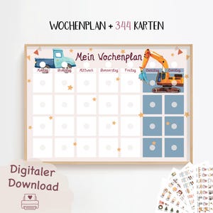 Wochenplan für Kinder, Montessori, Routineplan für Kinder, Tagesablauf, Digitaler Download zum Ausdrucken, Wochenplan Bagger, Routinekarten