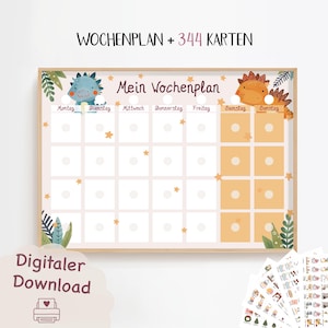 Wochenplan für Kinder, Montessori, Routineplan für Kinder, Tagesablauf, Digitaler Download zum Ausdrucken, Wochenplan Dino, Routinekarten