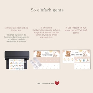 May include: A printable morning routine chart with a cute bear and bunny illustration. The chart is designed to help children learn and follow a daily routine. The chart includes a printable plan and cards with velcro dots for easy attachment.
