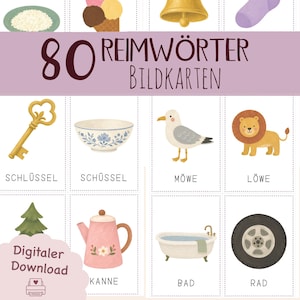 Könnte beinhalten: Ein Set aus 80 Lernkarten mit der Aufschrift 80 REIMWÖRTER BILDKARTEN, die Illustrationen eines goldenen Schlüssels, einer Blumenschüssel, einer Möwe, eines Löwen, eines grünen Baums, einer rosa Kanne, einer weißen Badewanne und eines schwarzen Rads zeigen.