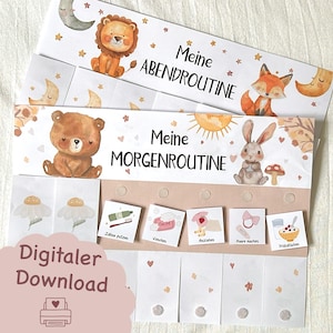 Morgen & Abendroutine für Kinder mit Tieren, Routineplan für Kinder, Morgenroutine für Kinder, zum ausdrucken, Routineplan mit Teddy Löwe