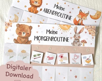Morning & evening routine for children with animals, routine plan for children, morning routine for children, to print, routine plan with teddy lion
