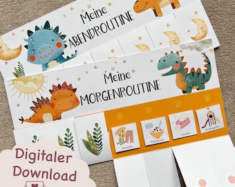 May include: A printable routine chart for kids featuring a yellow, orange, and blue dinosaur with stars and a sun. The chart is titled "Meine Morgenroutine" and "Meine Abendroutine" and includes blank spaces for writing in activities. The text "Digitaler Download" is at the bottom of the chart.