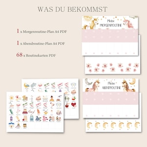 May include: A printable set of routine cards for children featuring a unicorn theme. The set includes 68 routine cards, a morning routine plan, and an evening routine plan. The cards are illustrated with watercolor images of unicorns, stars, and moons.
