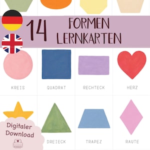 Könnte beinhalten: Ein Set aus 14 Lernkarten mit verschiedenen Formen und dem Text 14 FORMEN LERNKARTEN. Das Raster zeigt einen rosa Kreis, ein blaues Quadrat, ein violettes Rechteck, ein rotes Herz, einen gelben Stern, ein grünes Dreieck, ein blaues Trapez und eine rosa Raute.