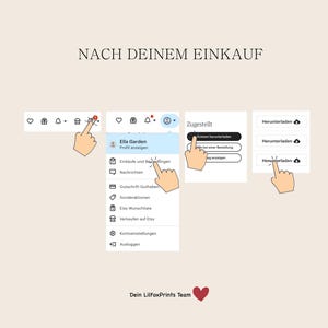 May include: A screenshot of an Etsy shop's mobile app showing a menu with options like "Purchases and Reviews", "Messages", "Gift Cards", "Promotions", "Etsy Wish List", "Sell on Etsy", "Account Settings", and "Log Out". The text "Nach deinem Einkauf" is at the top of the image, which translates to "After your purchase".