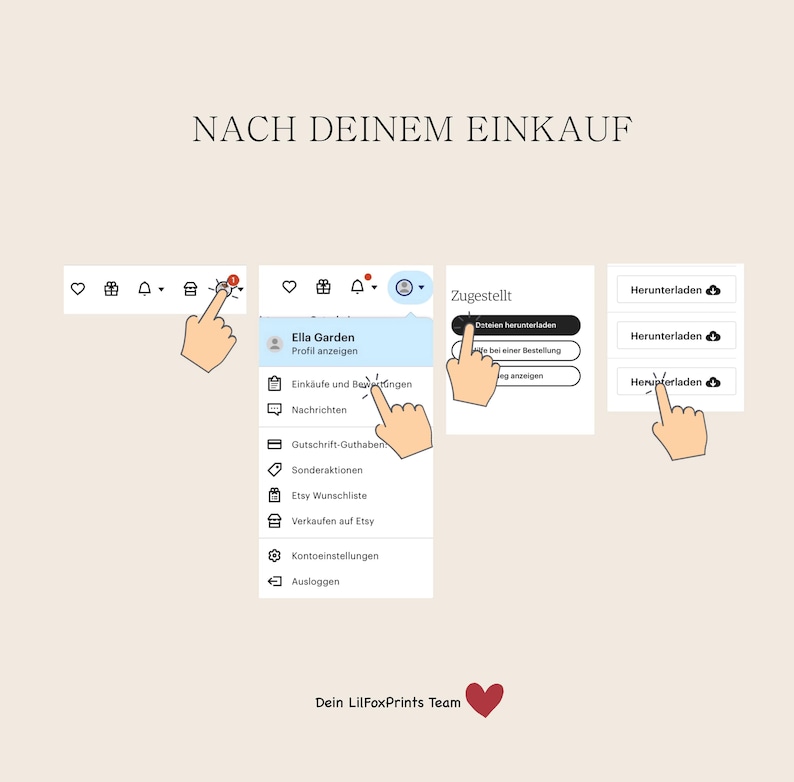May include: A screenshot of an Etsy shop's mobile app showing a menu with options like "Purchases and Reviews", "Messages", "Gift Cards", "Promotions", "Etsy Wish List", "Sell on Etsy", "Account Settings", and "Log Out". The text "Nach deinem Einkauf" is at the top of the image, which translates to "After your purchase".