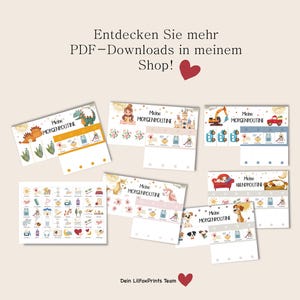 May include: A set of printable charts for children's daily routines. The charts feature colorful illustrations of a dinosaur, a princess, a unicorn, a dog, and a construction vehicle. The text on the charts reads "Meine Morgenroutine" and "Meine Abendroutine".