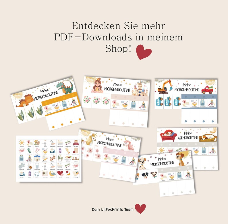 May include: A set of printable charts for children's daily routines. The charts feature colorful illustrations of a dinosaur, a princess, a unicorn, a dog, and a construction vehicle. The text on the charts reads "Meine Morgenroutine" and "Meine Abendroutine".