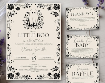 Een klein boe-geroep is bijna te tijd Halloween babyshower uitnodiging sjabloon zwarte bloemen gotische uitnodiging schattige griezelige babyshower griezelig geslacht onthulling