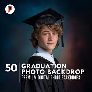 May include: A young person wearing a graduation cap and gown, with the text "50 GRADUATION PHOTO BACKDROP PREMIUM DIGITAL PHOTO BACKDROPS". The background is a gradient of blue, red, and black.