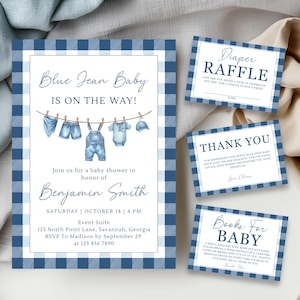 Blue Jean Baby Shower Invitation Set - Denim Baby Shower Invites, A Blue Jean Baby is On The Way, Blue Jean Boy Baby Shower, D057