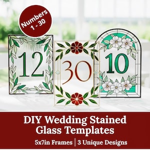 Może przedstawiać: Trzy szablony witraży do samodzielnego wykonania na wesela. Szablony przedstawiają liczby 12, 30 i 10 w różnych wzorach. Ramki mają wymiary 12,7x17,8 cm. Tekst u góry brzmi "Numery 1-30". Tekst na dole brzmi "Szablony witraży ślubnych DIY".
