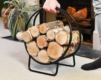 45 cm High Black Contemporary Circular Log Rack & Holder With Handle, Firewood Storage, Stylish Fireside, Fireplace