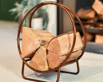 45cm Copper Contemporary Circular Log Rack & Holder With Handle/ Firewood Storage, Stylish Fireside, Fireplace